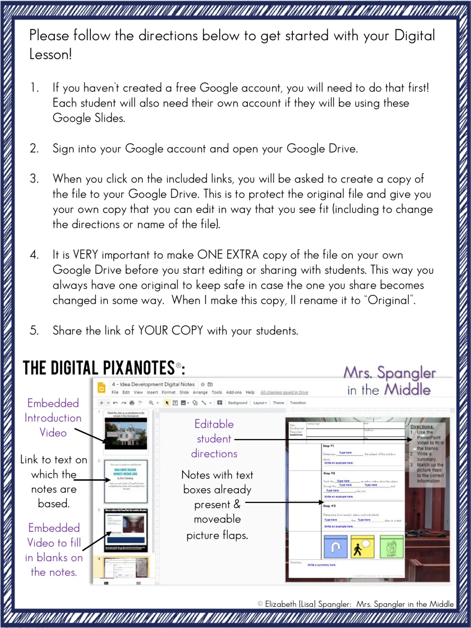 Digital lesson setup explains Google accounts, copying and sharing files, and features of the student notes