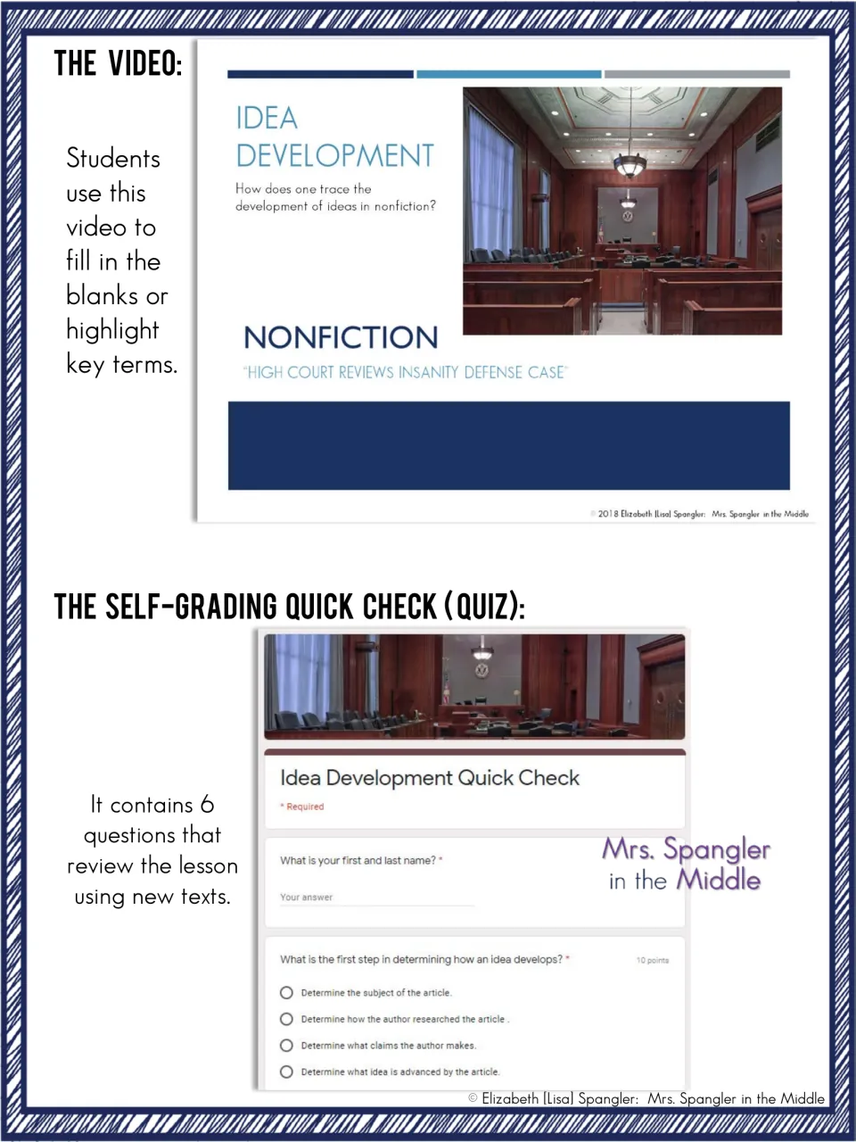 Video and quiz overview shows the nonfiction idea development lesson and a six-question self-grading Quick Check