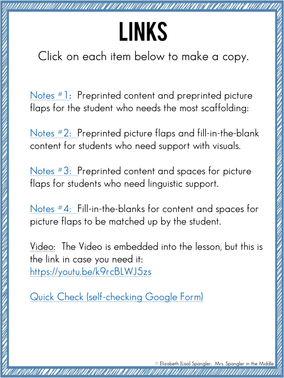 Lesson access page lists links to four differentiated note sets, the video, and a self-checking Google Form