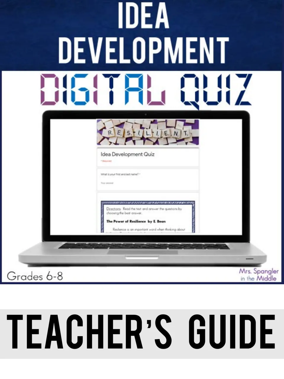 Teacher’s guide cover for an idea development digital quiz for grades 6–8, shown as a Google Form