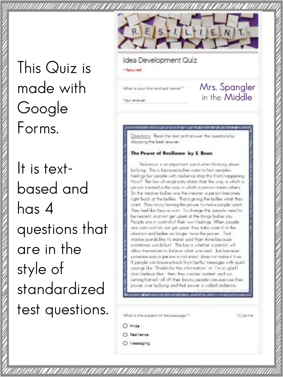 Quiz overview identifying Google Forms and four text-based questions in the style of standardized tests