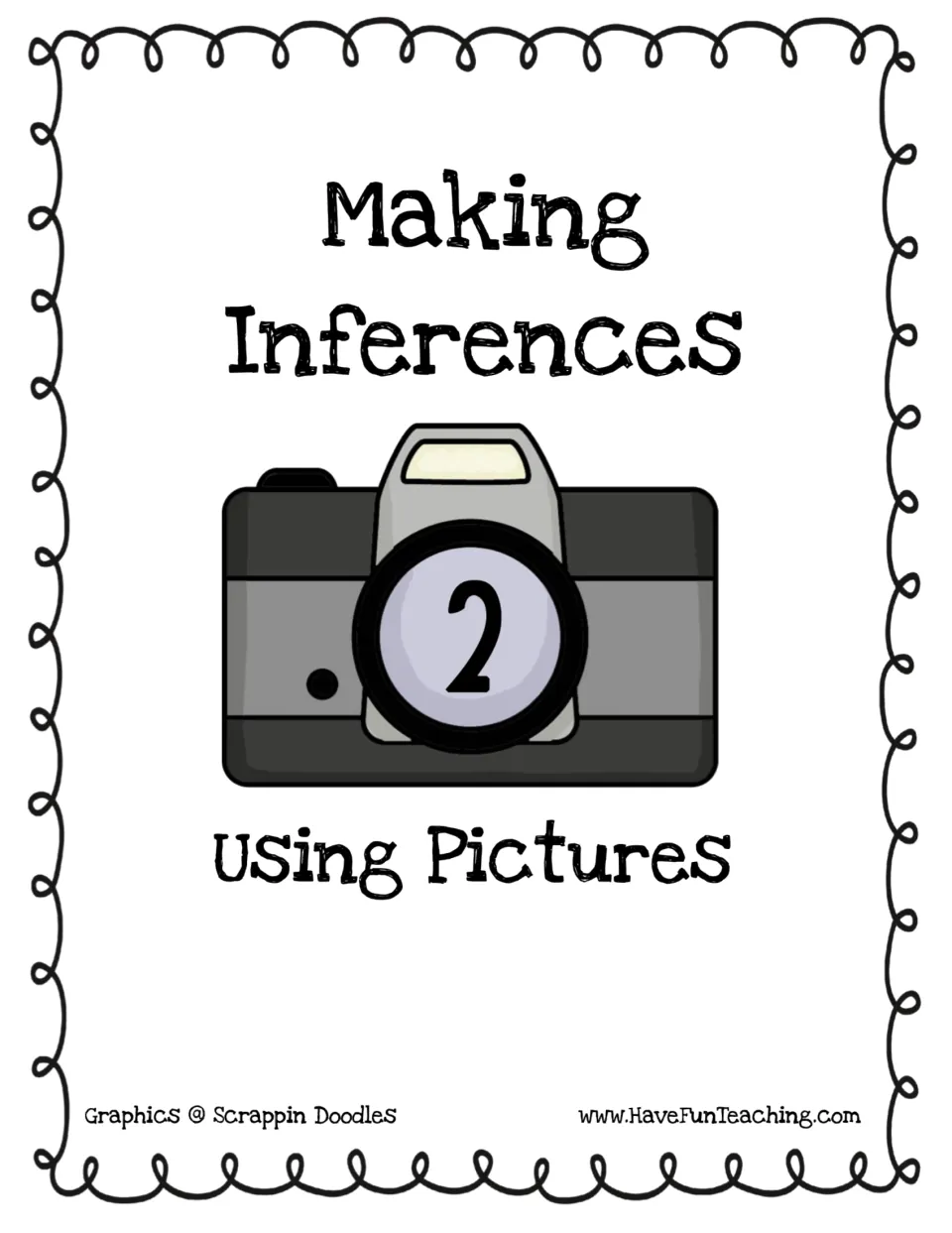 Cover for Making Inferences Using Pictures, set 2, showing a cartoon camera with the number 2 on its lens