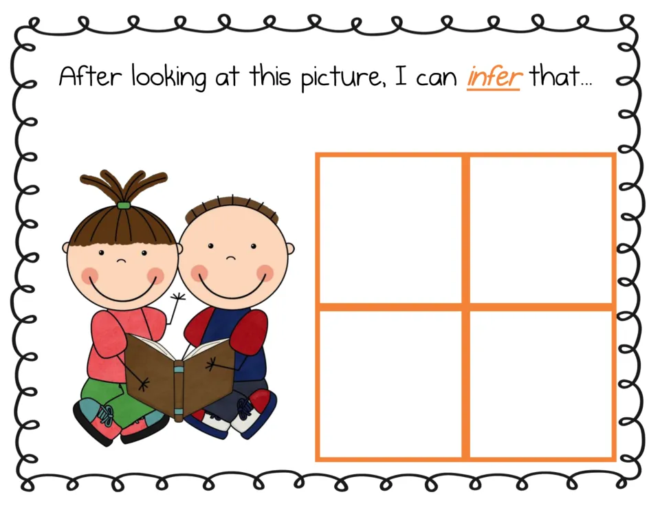 Inference mat: two children reading a book together; students place four cards finishing "I can infer that..."