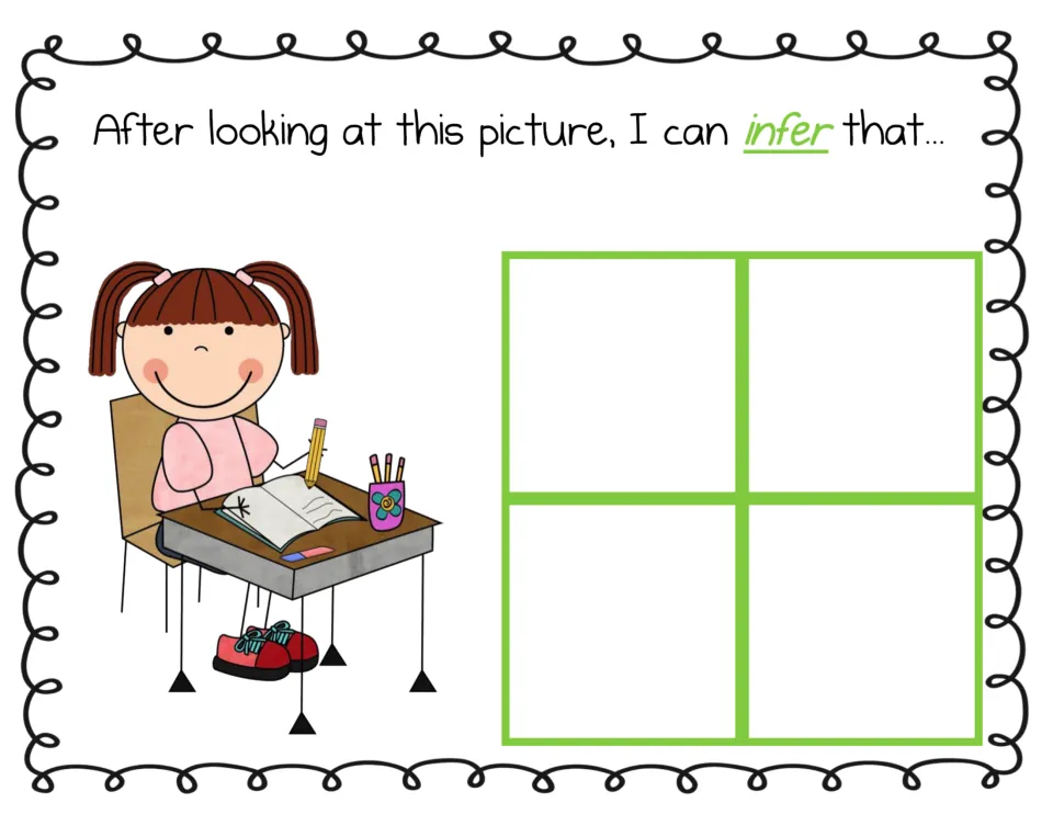 Inference mat: a girl writing at her school desk with pencils; students add four cards completing "I can infer that..."