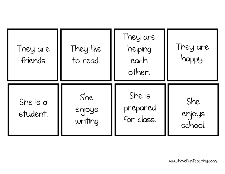 Inference cards to cut out: eight statements such as They are friends, They like to read and She is prepared for class