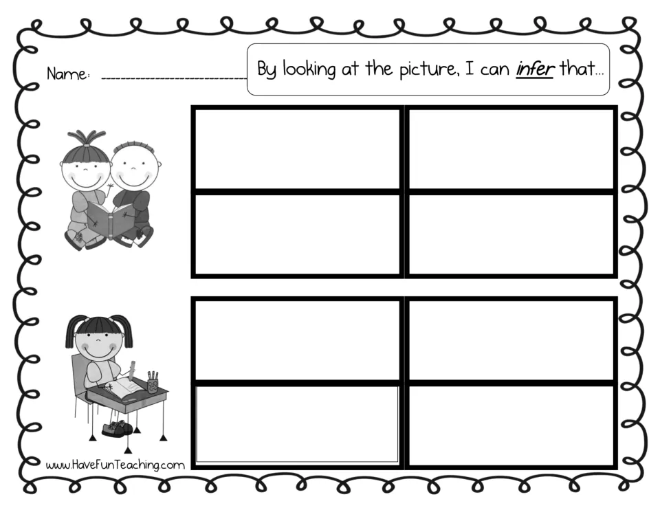 Making inferences from pictures: students glue four inferences beside the reading pair and four beside the girl at a desk