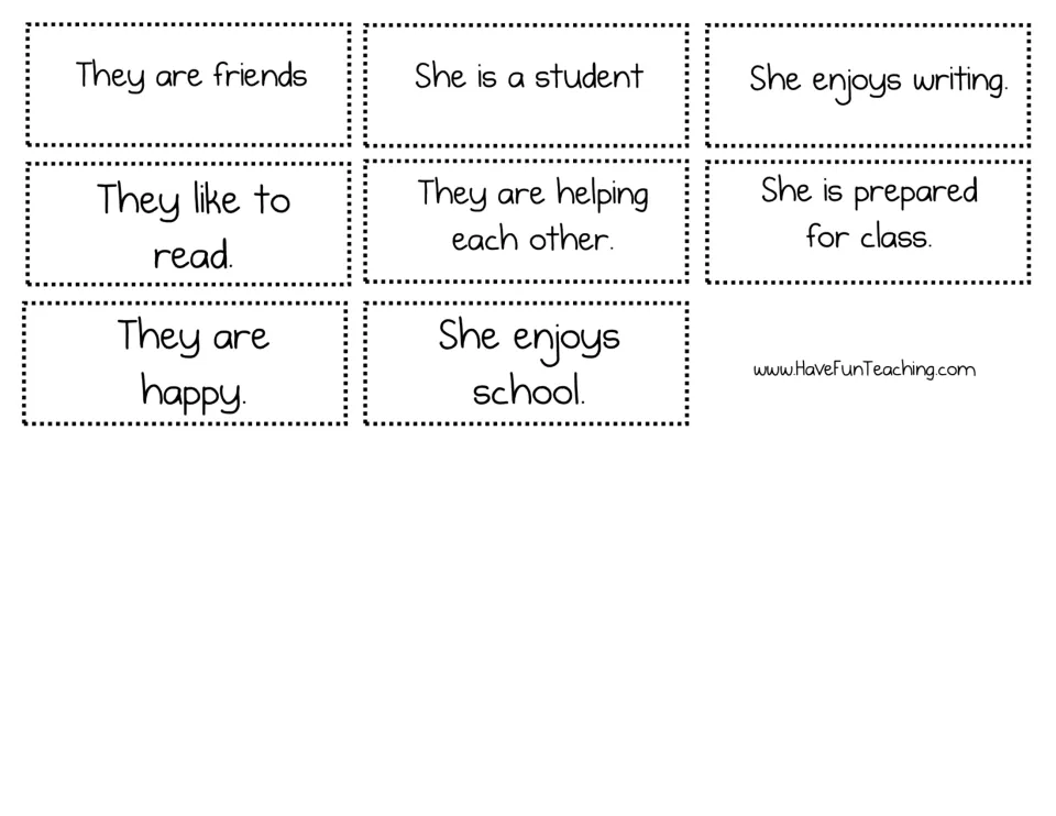 Cut-and-glue strips with eight inference sentences, including They are helping each other and She enjoys writing