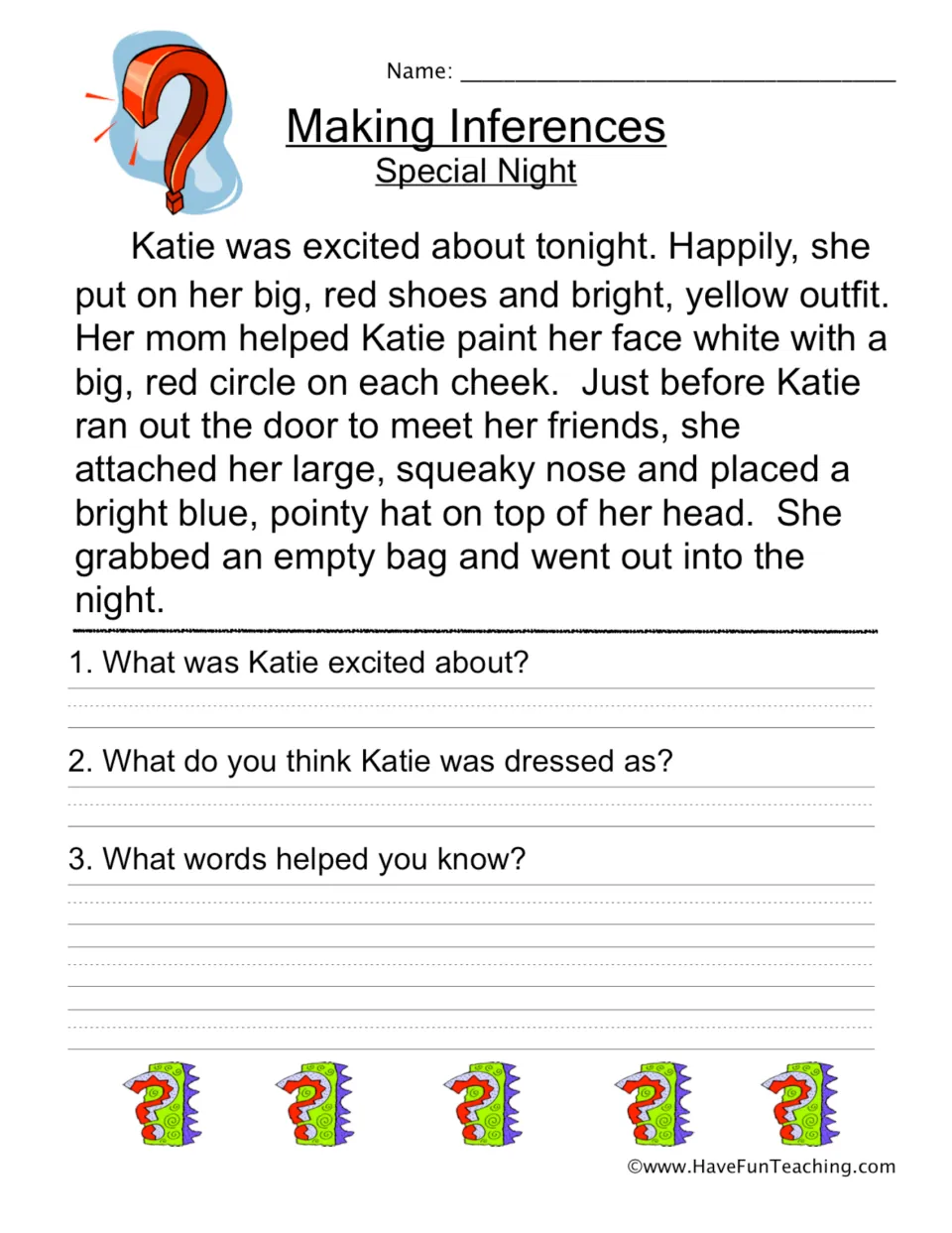 Making inferences: students read about Katie's special night, then infer her costume and cite the clue words that helped