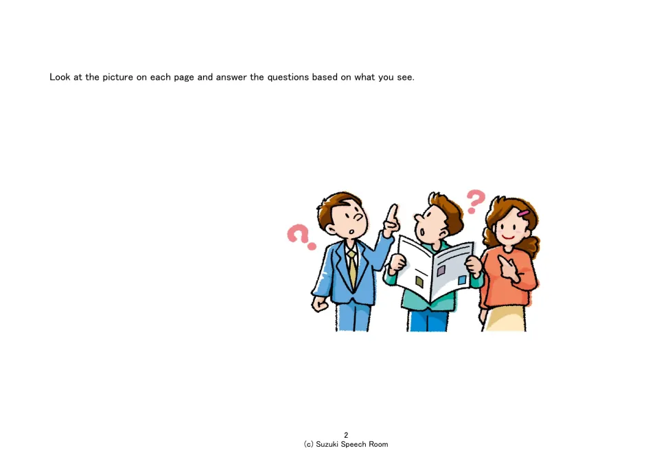 Directions: students study each page's picture and answer questions based on what they see; three puzzled people