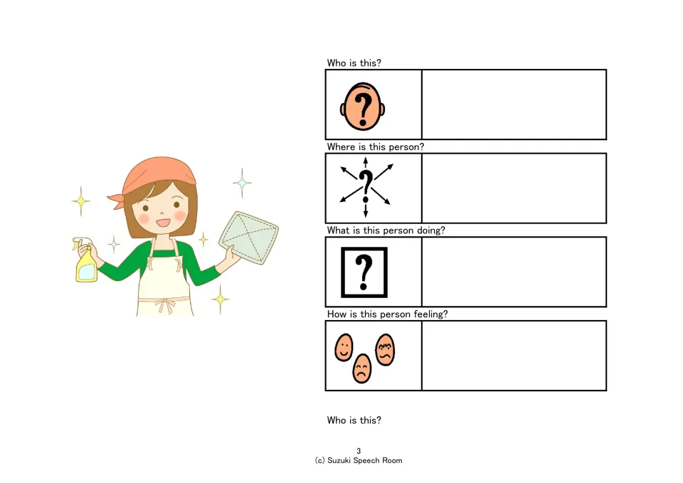 Inference picture of a woman in an apron with spray and cloth: students answer who, where, what and how questions