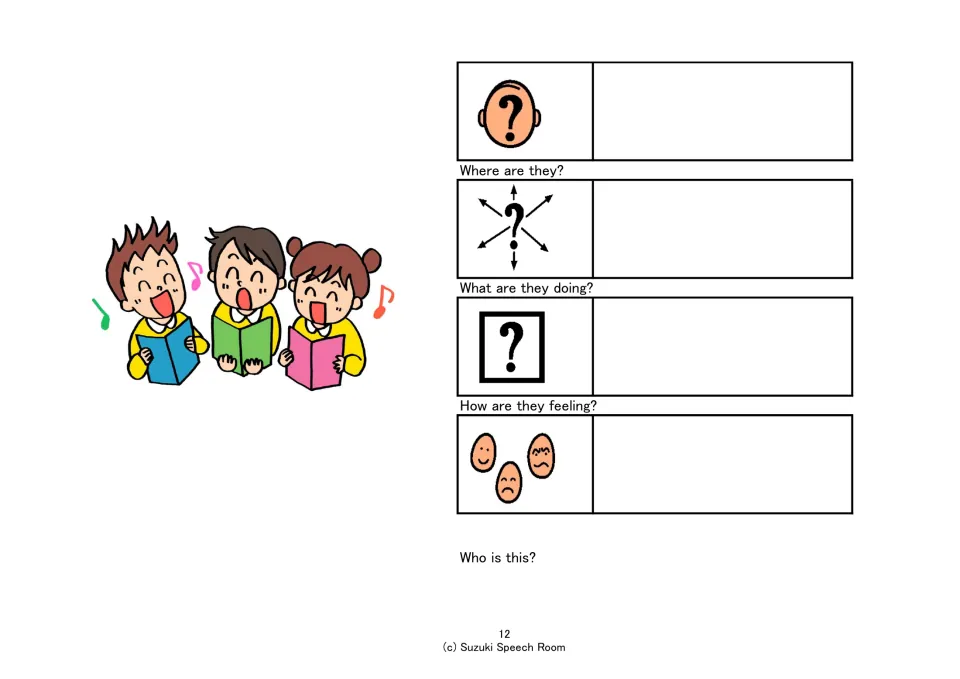 Three children holding songbooks with music notes: students infer who, where, what they are doing and how they feel