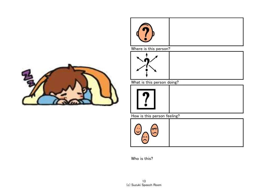Child asleep under a blanket with Zzz: students answer who, where, what the child is doing and how the child feels