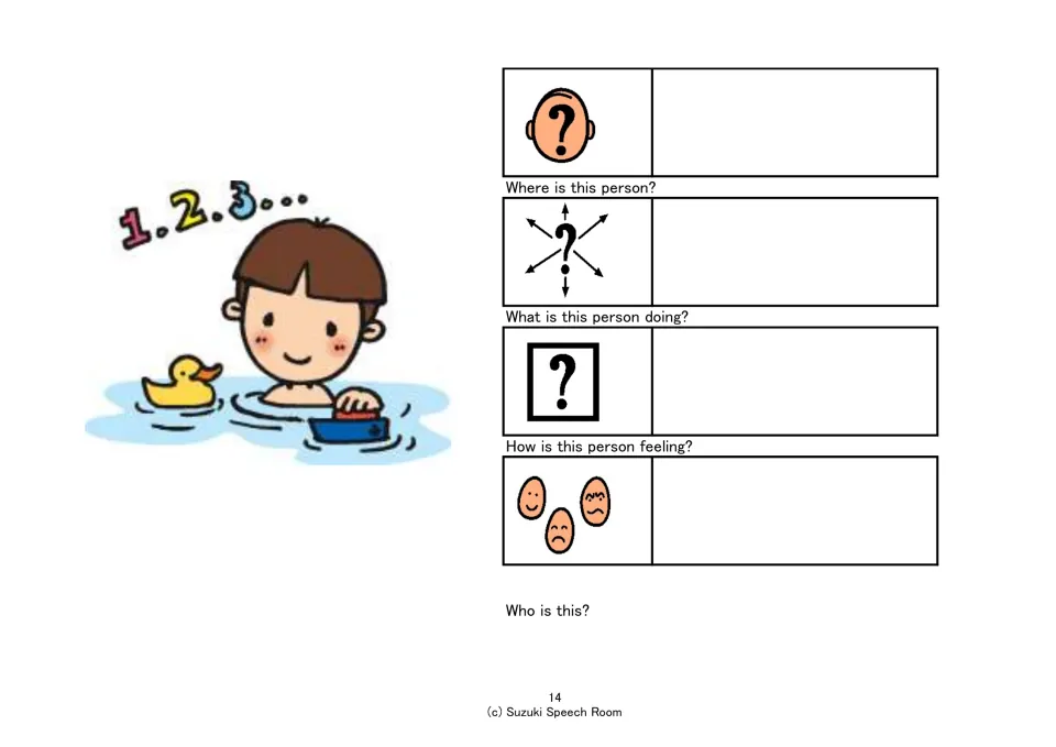 Child in bathwater with a rubber duck and toy boat, counting 1, 2, 3: students infer who, where, doing and feeling