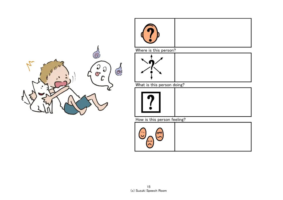 Boy falling back from a ghost beside a white dog: students infer where he is, what he is doing and how he feels