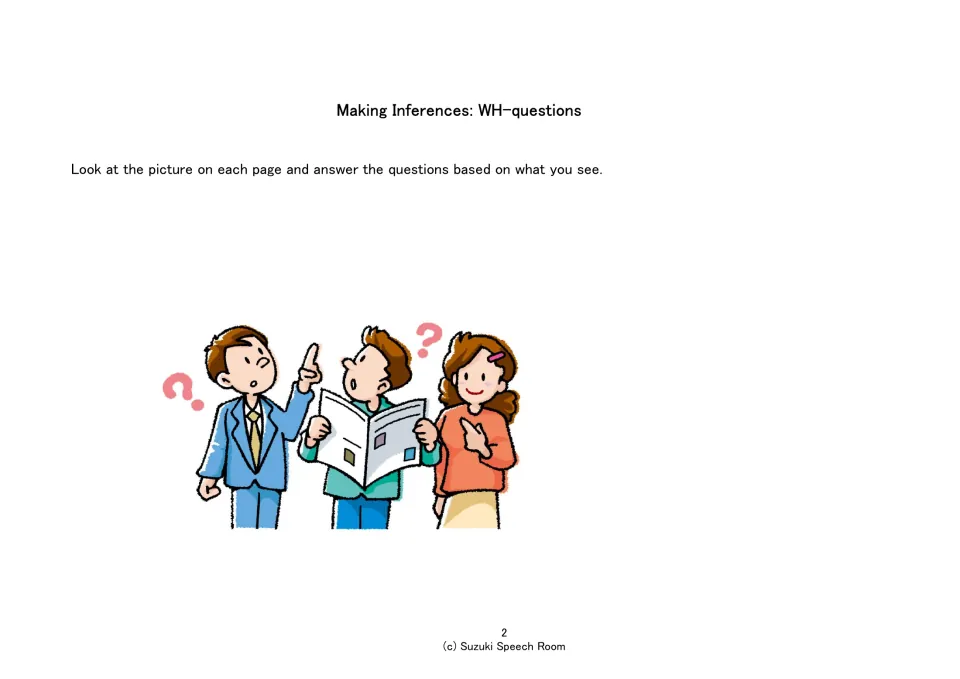Directions: students look at each page's picture and answer the questions from what they see; three puzzled people shown