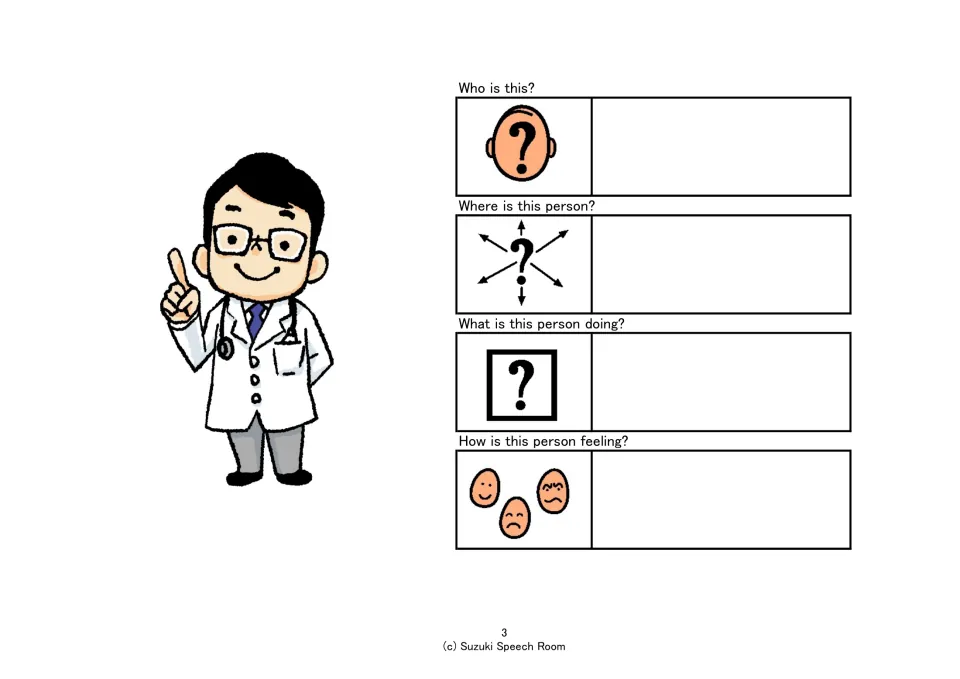Picture inference: a smiling man in a white coat and stethoscope; students answer who, where, what doing and how feeling