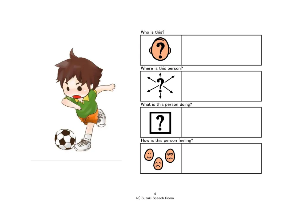 Picture inference: a boy kicking a soccer ball; students answer who he is, where he is, what he is doing and how he feels