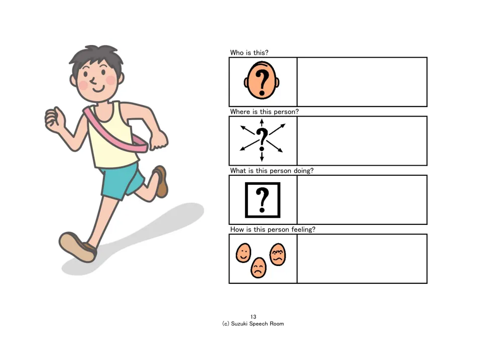 Picture inference: a smiling boy running with a sash across his chest; students answer who, where, what doing and feeling