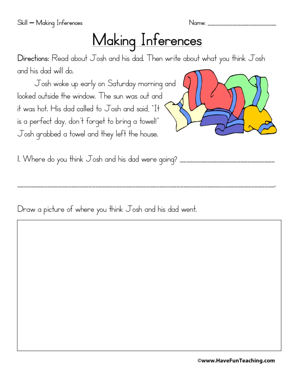 Making inferences: students read about Josh and his dad on a hot day with a towel, write where they went, then draw it
