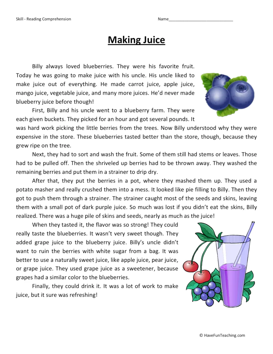 Reading passage about Billy and his uncle picking blueberries, preparing the fruit, and making blueberry juice.
