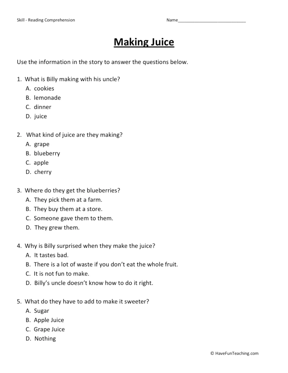 Five multiple-choice questions about Billy's juice, the blueberries, fruit waste, and grape juice sweetener.