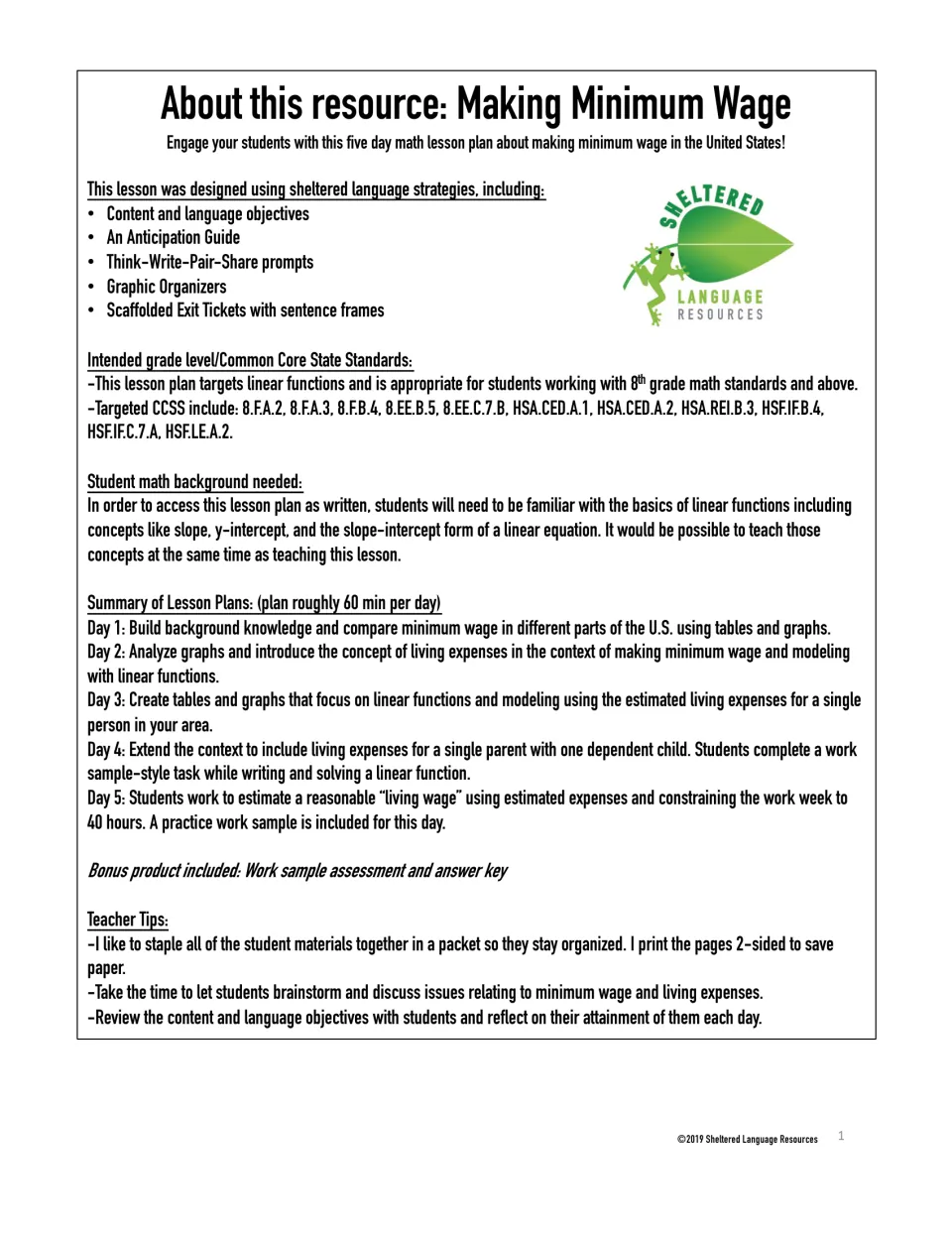 Minimum wage unit overview: five-day lesson summary, sheltered language strategies, targeted CCSS and teacher tips