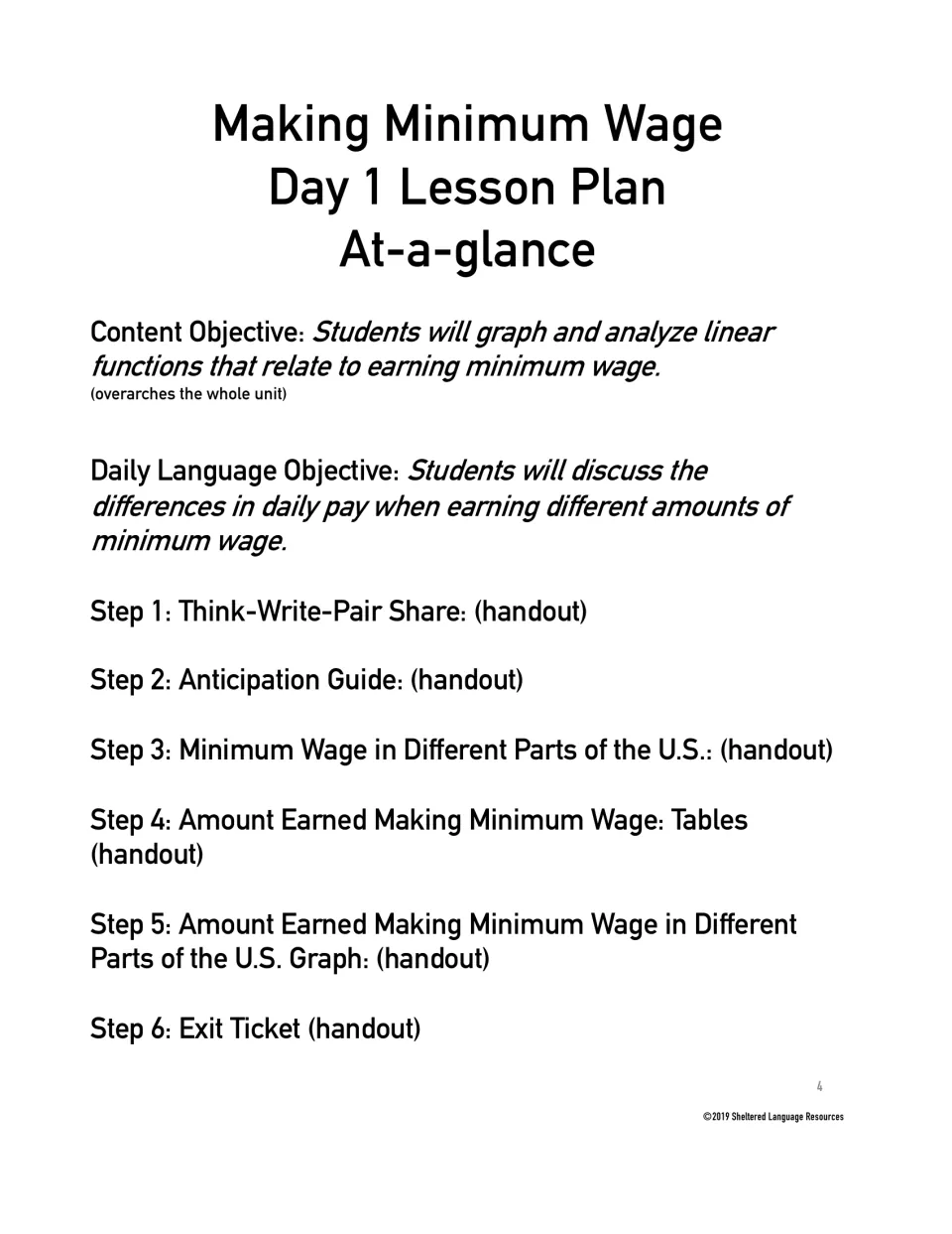 Day 1 lesson plan at a glance: content and language objectives plus six steps from Think-Write-Pair-Share to exit ticket
