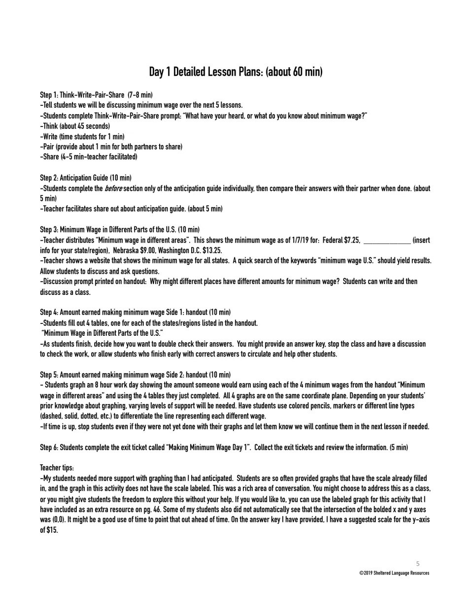 Day 1 detailed lesson plan: timed steps for discussion, anticipation guide, wage tables and graphing, with teacher tips