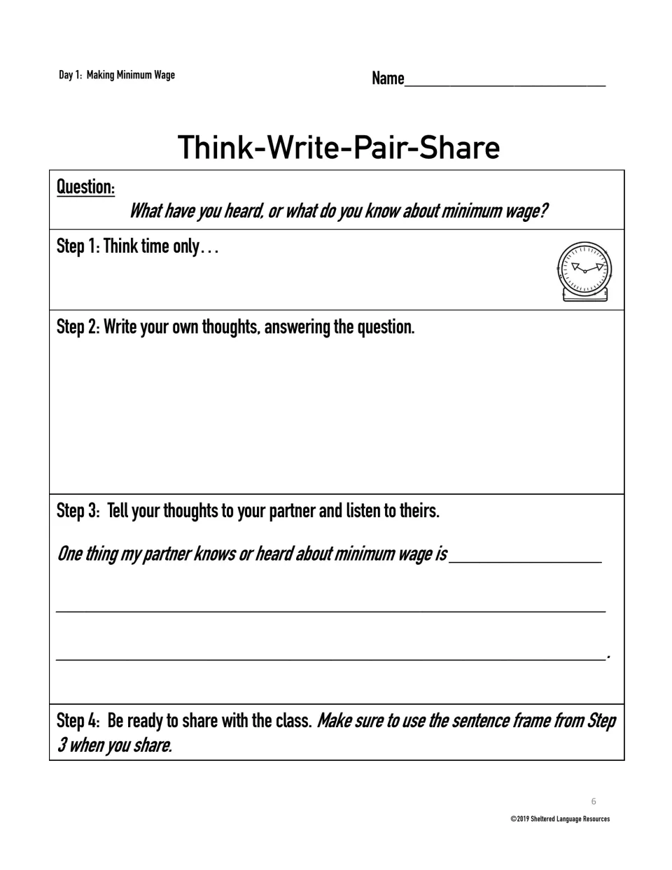 Think-Write-Pair-Share on minimum wage: students think, write, tell a partner, then share using a sentence frame