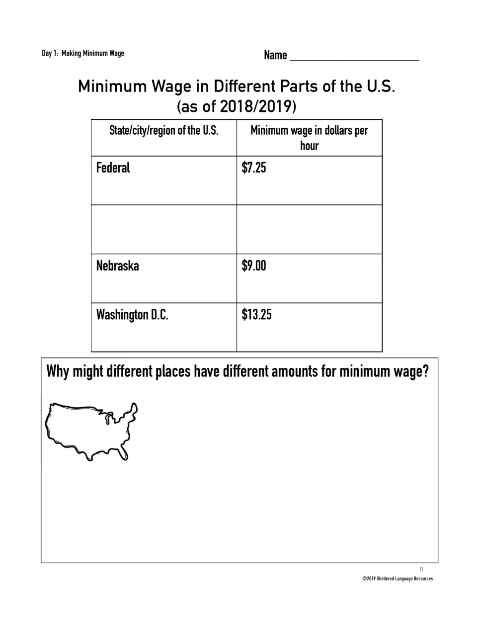 Minimum wage by place: federal $7.25, Nebraska $9.00, Washington D.C. $13.25, a spot for your state and a why question