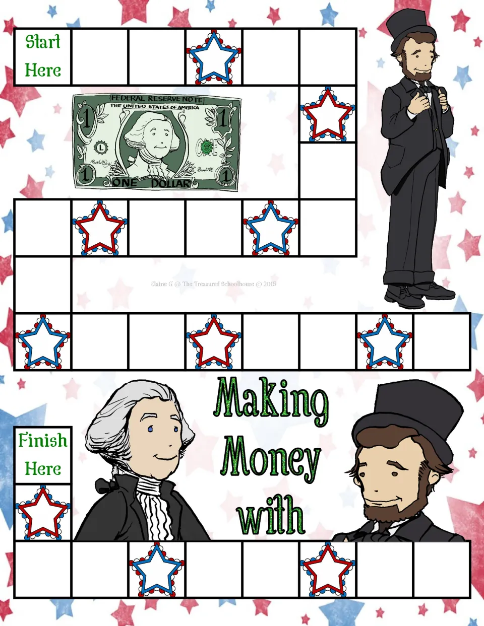 First half of the money game board, including Start Here, Finish Here, and star spaces for drawing cards