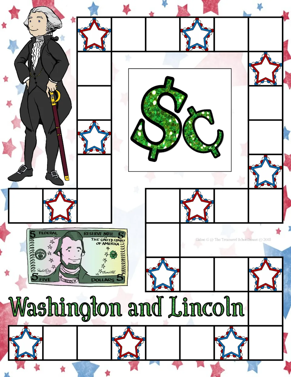 Second half of the money game board, continuing the path with star spaces and a dollar-and-cent card area