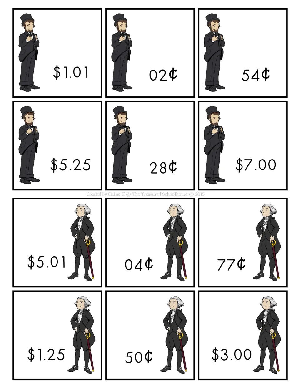 Money-value cards 1–12 for the game: $1.01, 2¢, 54¢, $5.25, 28¢, $7.00, $5.01, 4¢, 77¢, $1.25, 50¢, and $3.00