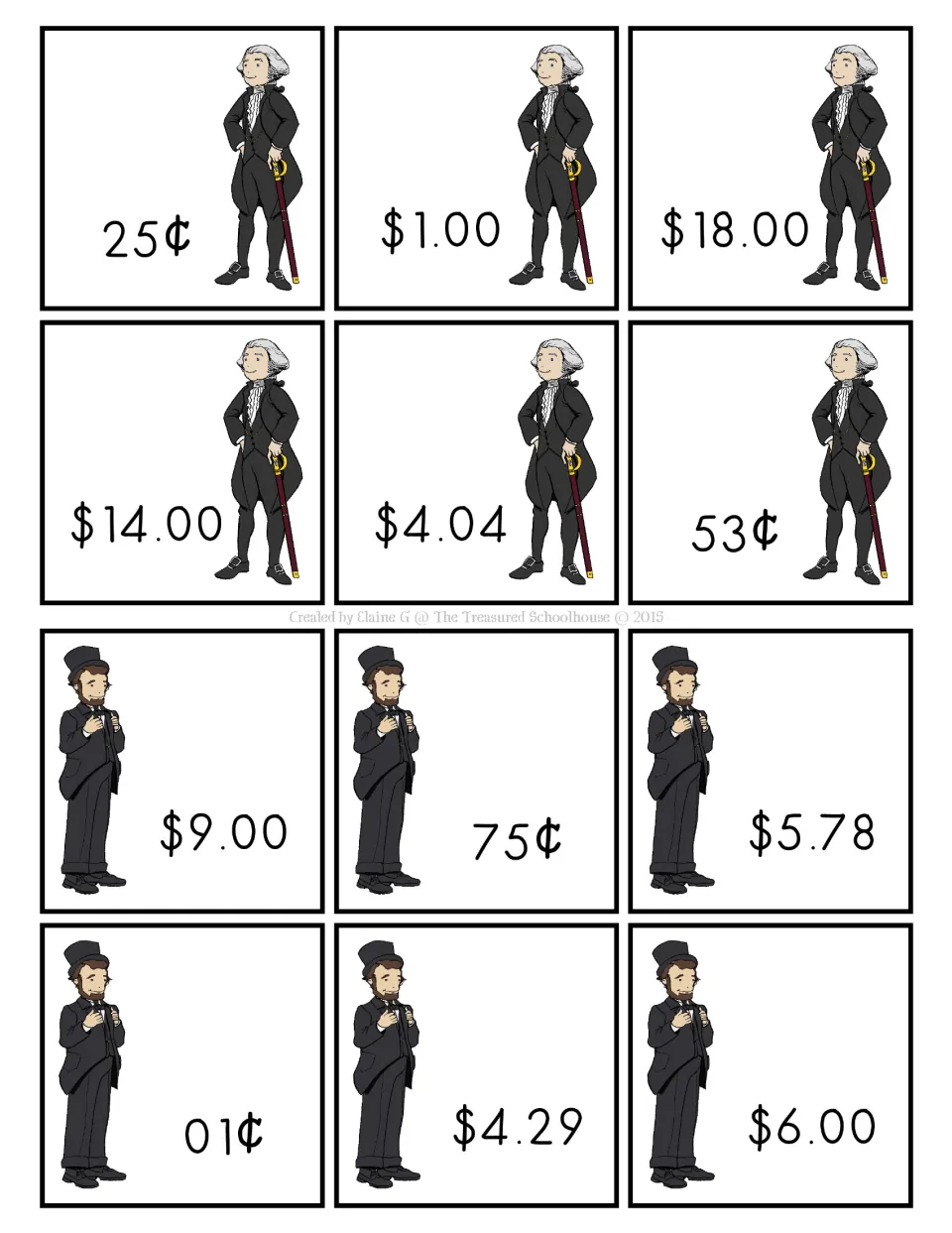 Money-value cards 13–24: 25¢, $1.00, $18.00, $14.00, $4.04, 53¢, $9.00, 75¢, $5.78, 1¢, $4.29, and $6.00