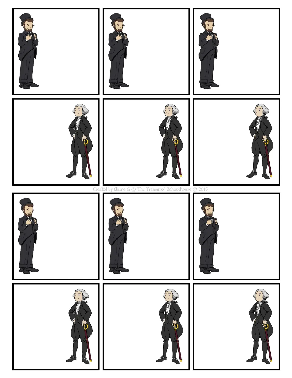 Twelve blank money-game cards with Lincoln on six and Washington on six, leaving amounts to be filled in