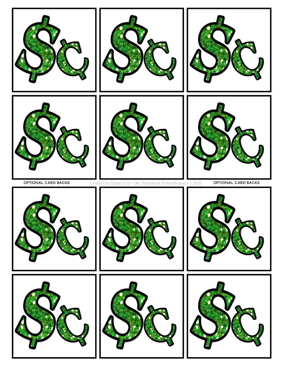 Twelve optional backs for the money-game cards, each displaying a green dollar sign and a cent symbol
