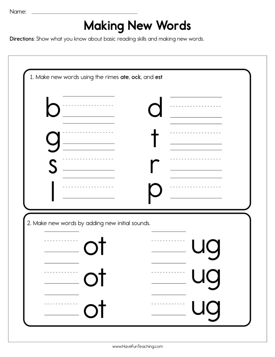 Word families: students add letter onsets to the rimes ate, ock and est, then write new initial sounds for -ot and -ug