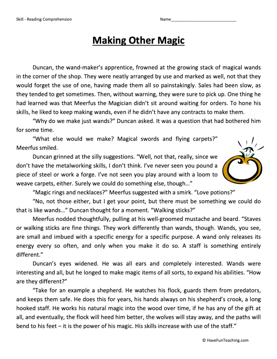 Reading passage, part 1: Duncan asks Meerfus about making magic staffs and how they differ from wands.