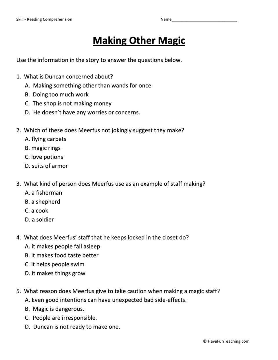 Five multiple-choice questions about Duncan's concern, Meerfus's suggestions, staffs, and magic's risks.