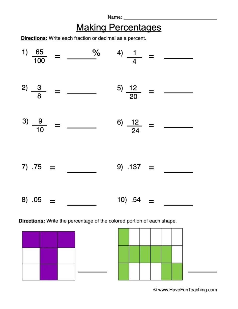 Percentage practice: convert 65/100, 3/8, 9/10 and seven more values; find the colored percent of two shapes.