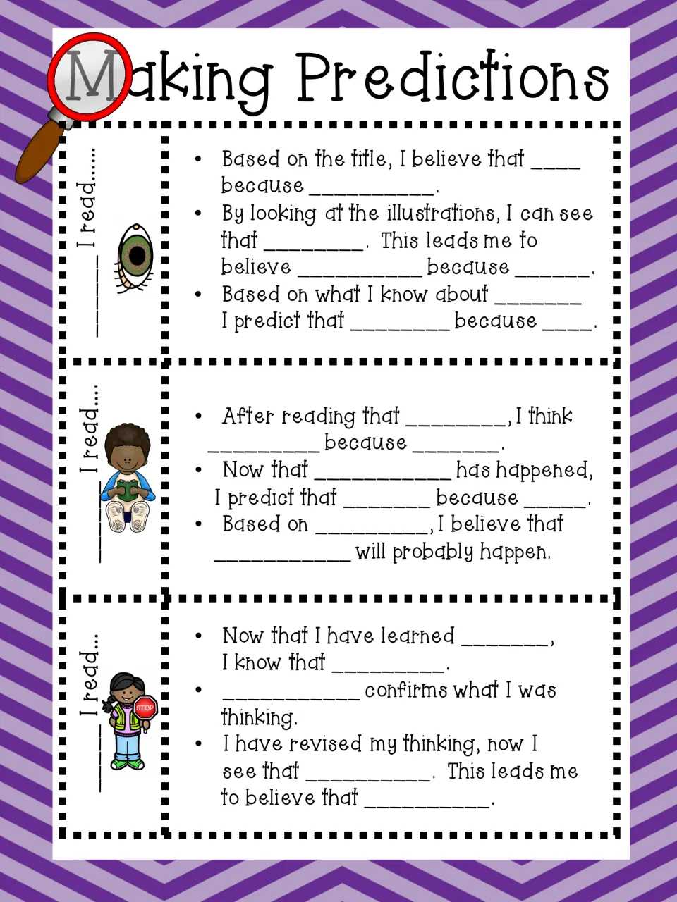 Prediction sentence frames: students fill blank stage labels and complete stems like Based on the title, I believe that