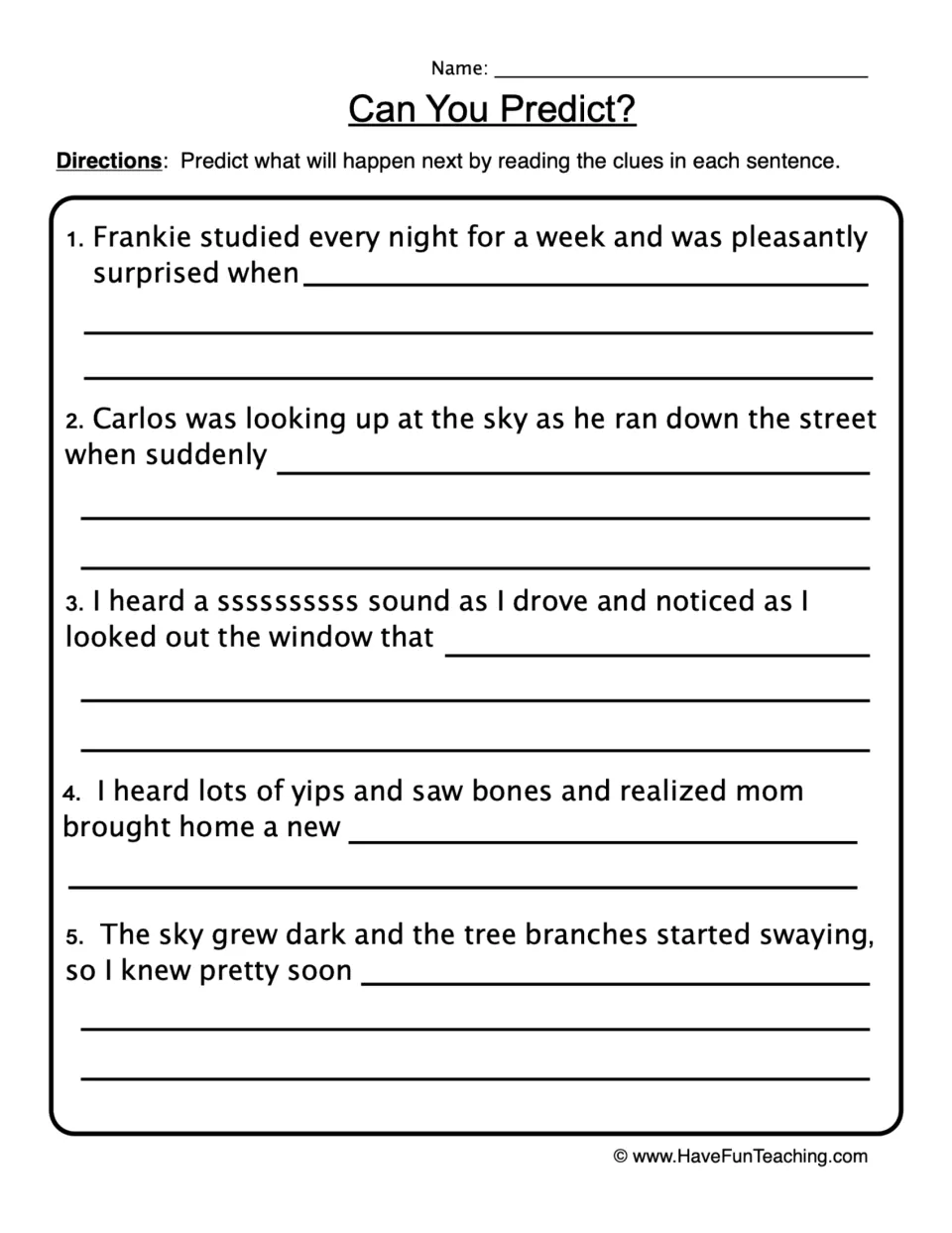 Can You Predict?: students read clues in 5 sentence starters, like a darkening sky, and write what happens next