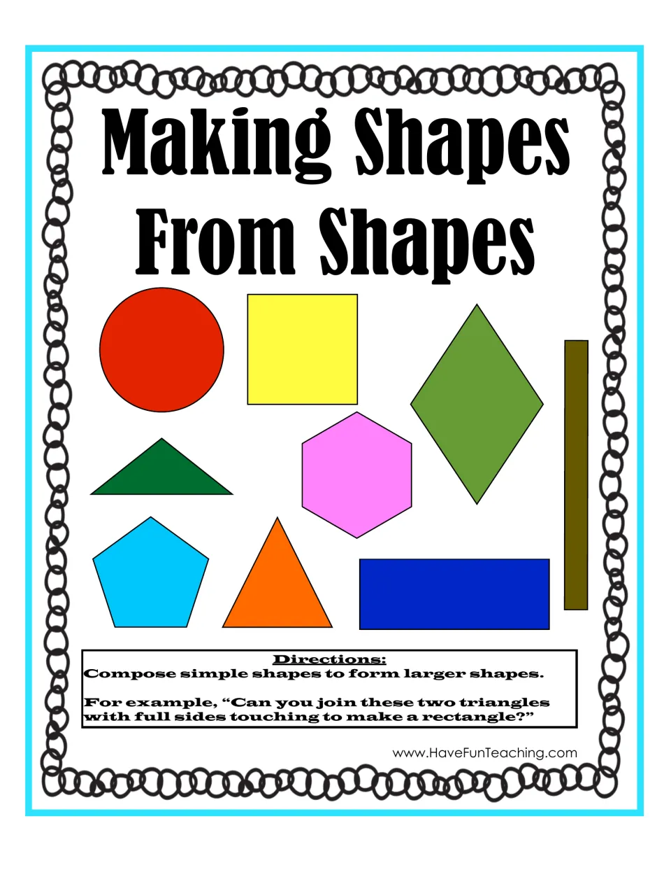 Making Shapes From Shapes cover: nine colored shapes and directions to join simple shapes into larger shapes