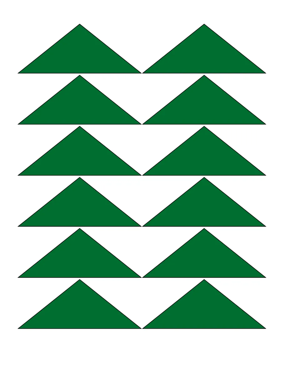 Composing shapes: 12 wide green triangles to cut out and pair along matching sides, as in the cover's example