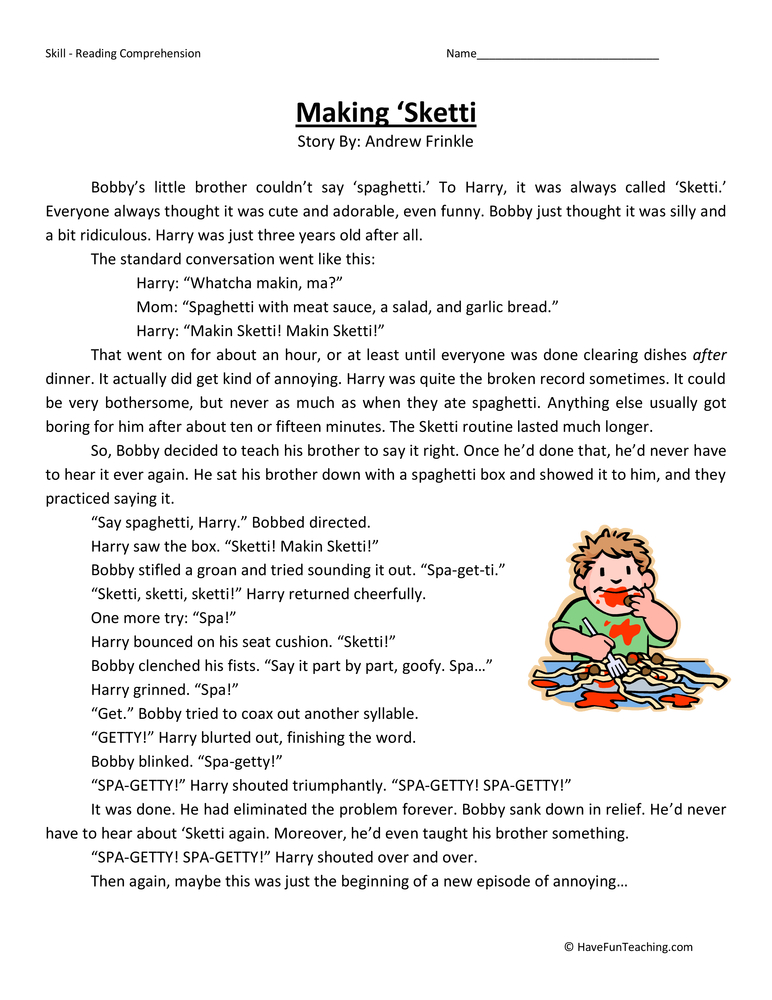 Making Sketti Reading Comprehension Worksheet teaching resource preview
