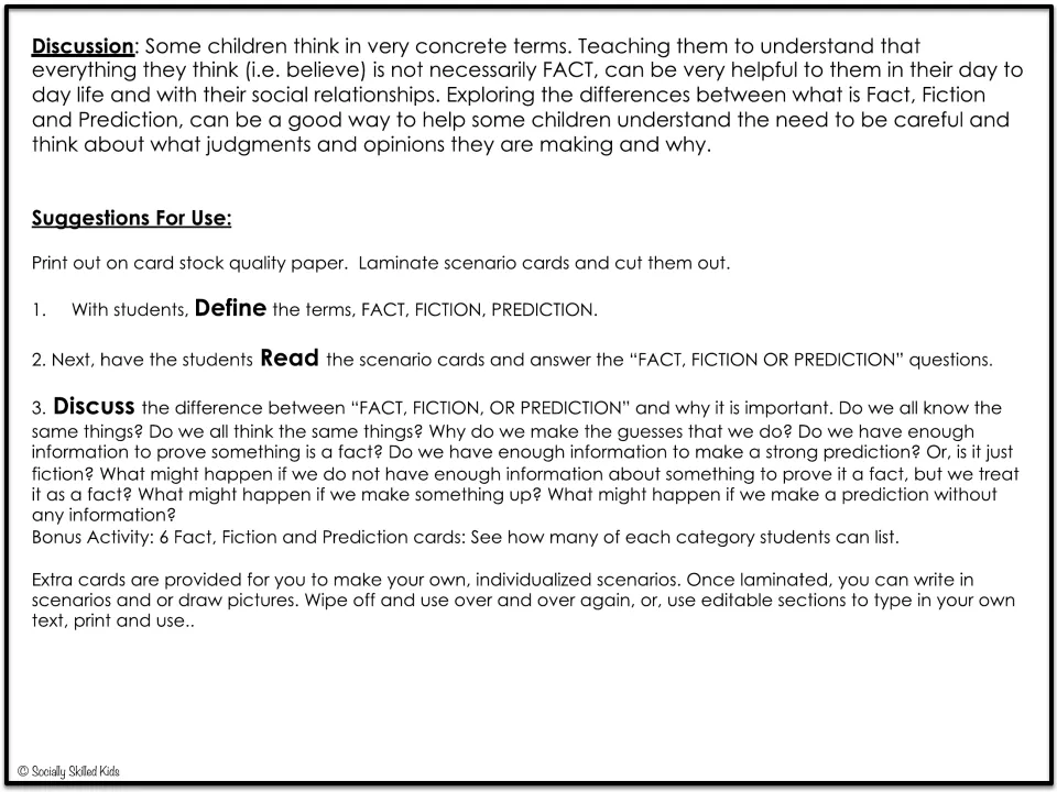 Teacher directions for defining fact, fiction, and prediction, discussing scenarios, and making custom cards