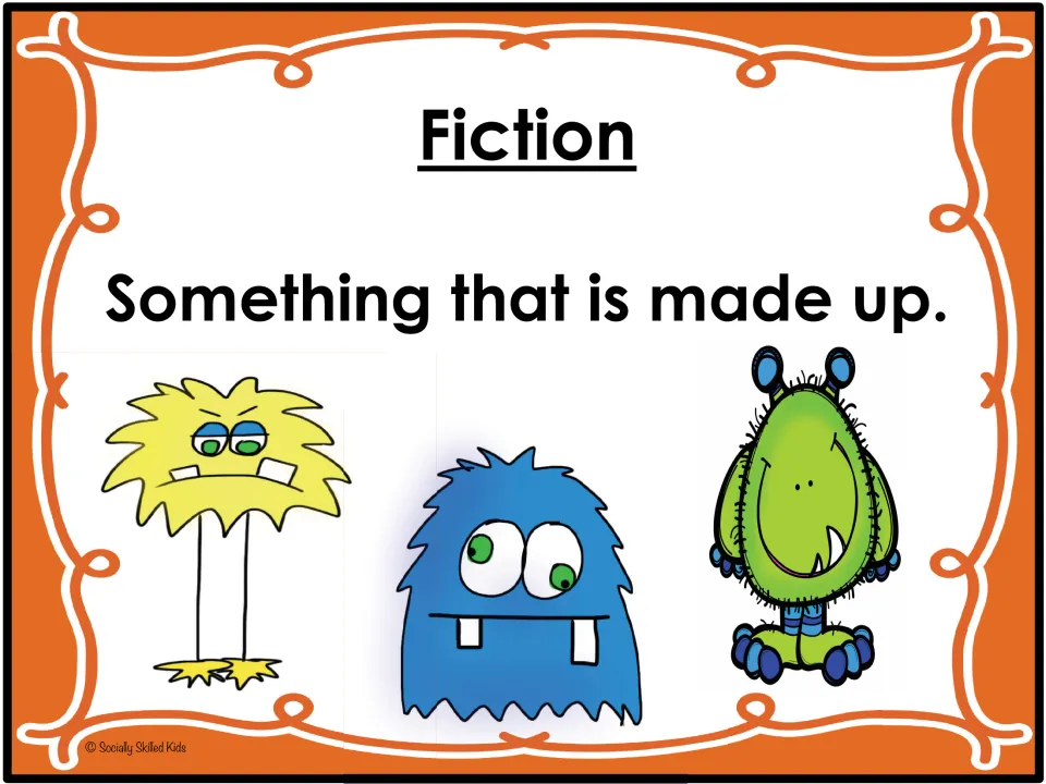 Fiction definition visual for the social skills activities: something that is made up, illustrated by monsters