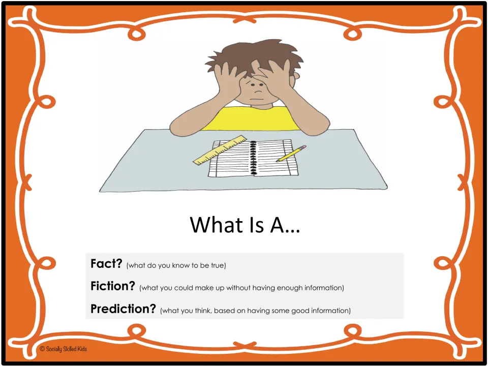 First picture scenario: a child holding their head over a notebook, with fact, fiction, and prediction prompts