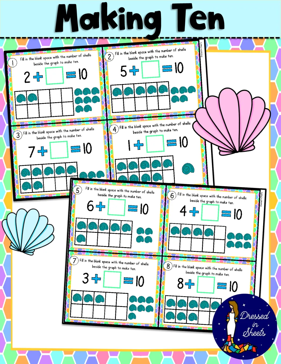 Making Ten cover showing eight seashell task cards where students find the missing addend, such as 2 + _ = 10
