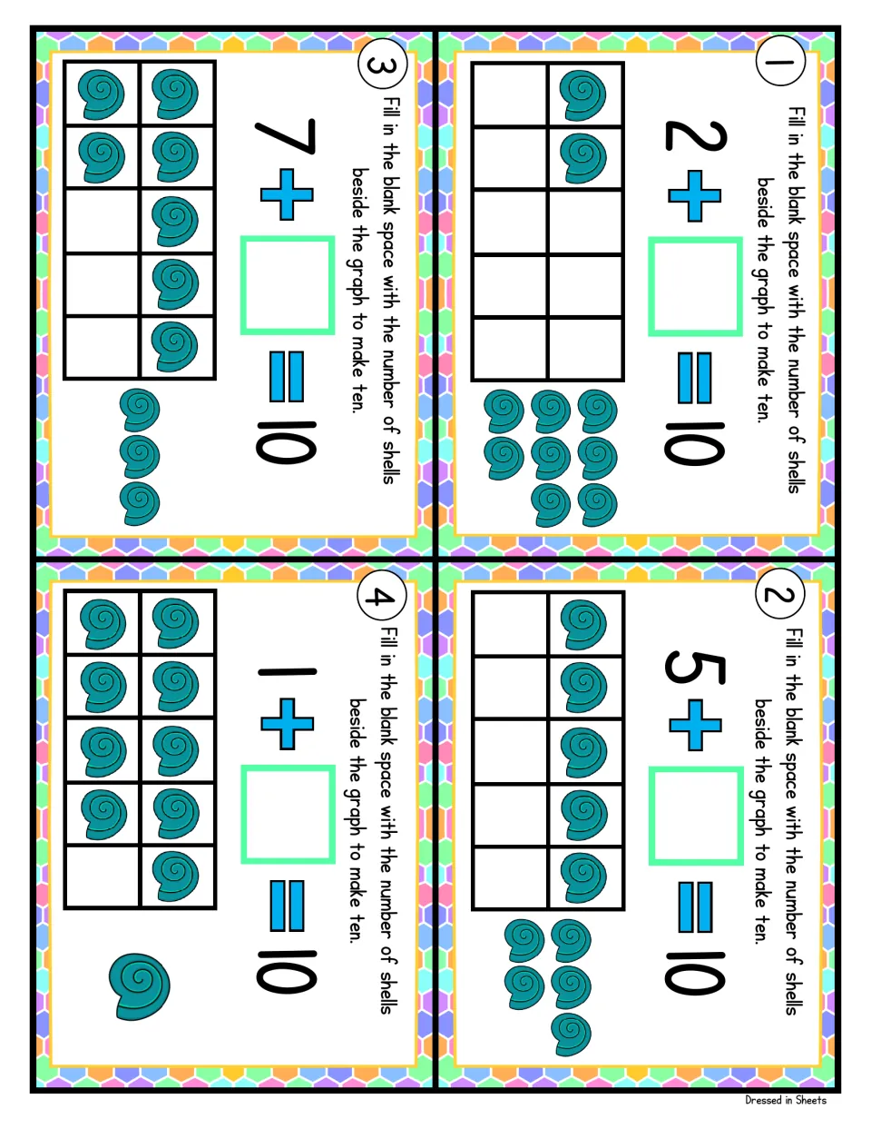 Making ten cards 1 to 4: students count shells in a ten frame to fill the missing addend in 2, 5, 7 and 1 + _ = 10